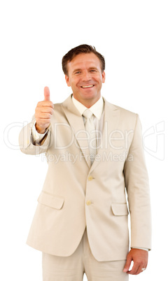 Happy senior business man showing a success sign