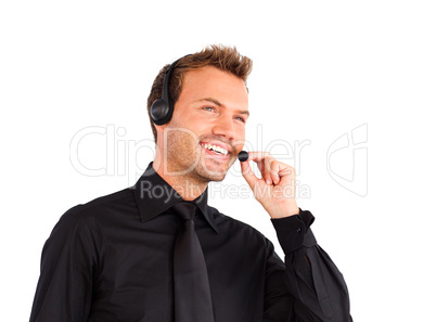 Customer service representative man talking on a headet