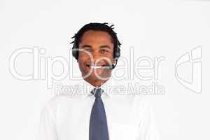 Smiling afro-american with headset on