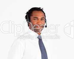 Attractive afro-american working with headset