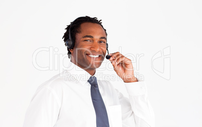 Businessman with aheadset smiling