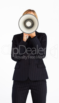 Businesswoman with a megaphone hiding her face