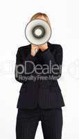 Businesswoman with a megaphone hiding her face