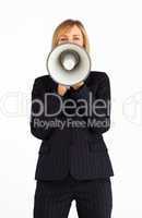 Mature businesswoman holding a megaphone