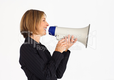 Profile of a businesswoman speaking through a megaphone
