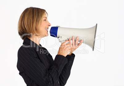 Profile of a smiling businesswoman with a megaphone
