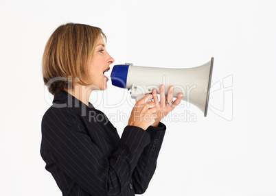 Profile of a businesswoman with a megaphone