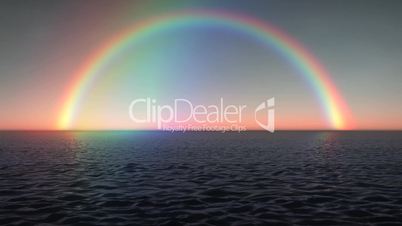 (1028) Full Rainbow Over Ocean Waves and Clear Sunset Sky Animation