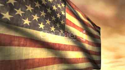 (1040) Weathered American Flag Blowing in Sunset Wind Animation