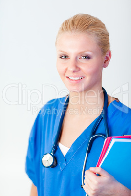 Young happy doctor holding a folder