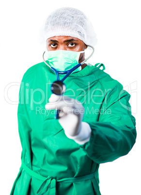 Surgeon holding a stethoscope
