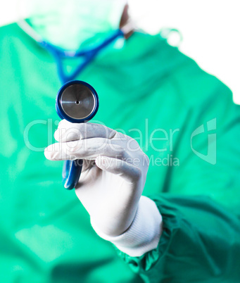 Surgeon holding a stethoscope