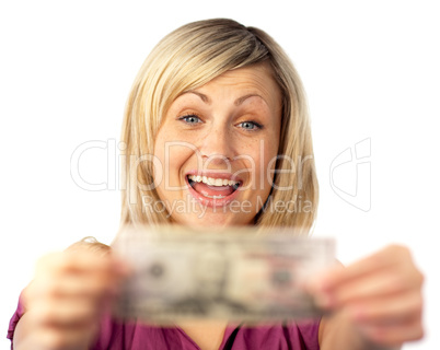 happy woman holding dollars