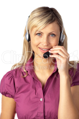 Young business woman talking on a headset