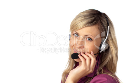 Young business woman talking on a headset