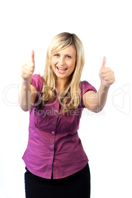 Young woman with both thumbs up