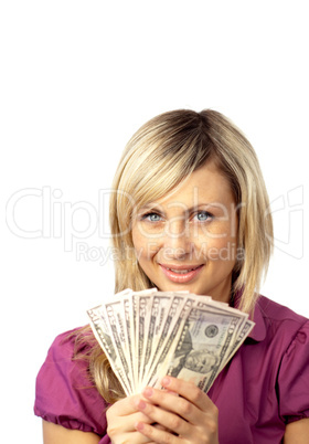 happy woman holding dollars