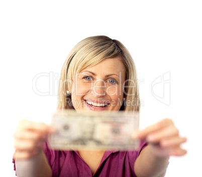 happy woman holding dollars