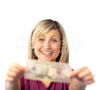 happy woman holding dollars