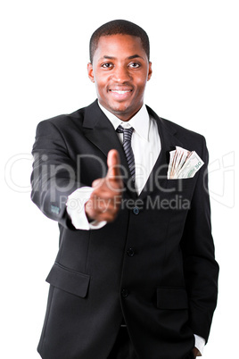 Portrait of young successful businessman showing thumb up