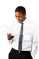 Happy businessman receiving a message via mobile