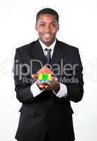 Handsome businessman manager offering a house