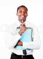 Handsome businessman holding folders