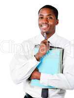 Smiling ethnic businessman holding folders