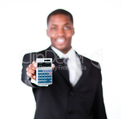 Close-up of a businessman holding a calculator