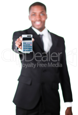 Handsome businessman holding a calculator
