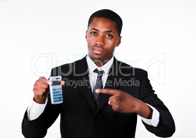 Friendly businessman showing a calculator