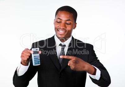 Portrait of a smiling businessman showing a calculator