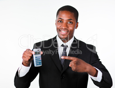 Young businessman with a calculator