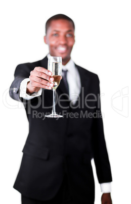 Handsome businessman holdng a glass of champagne