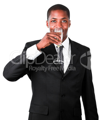 Friendly businessman drinking a glass of champagne