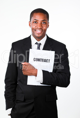 Happy businessman holding a contract