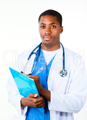 Serious doctor holding a clipboard