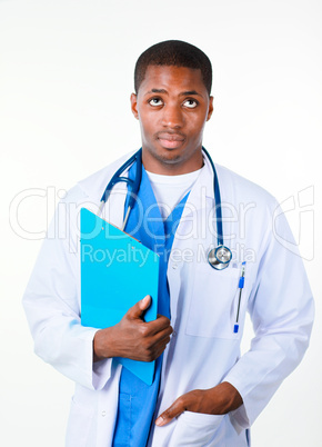 Confident doctor holding a clipboard