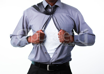 Portrait of a businessman showing tshirt under his suit