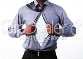 Portrait of a businessman showing tshirt under his suit
