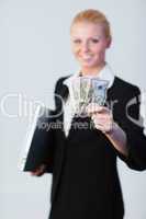 Woman with dollars and a laptop