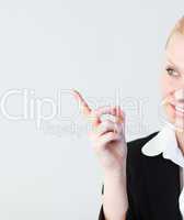 Businesswoman pointing to the side