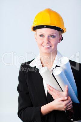 female constrcution worker with blueprints