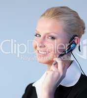 Woman talking on a headset