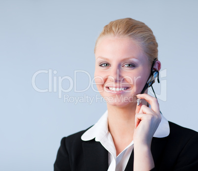 Woman talking on a headset