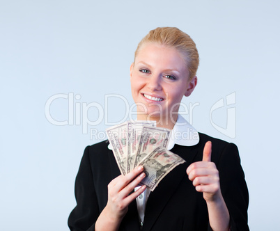 woman holding dollars with thumb up