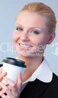 Businesswoman holding a coffee cup