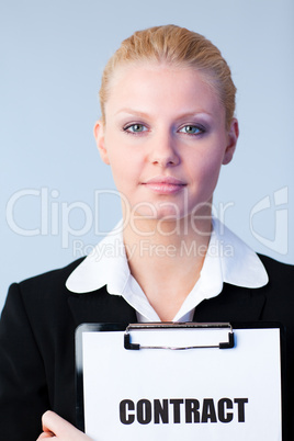 Woman holding a contract on a clipboard