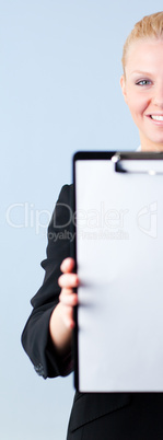 Woman holding a clipboard