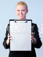 Woman holding a clipboard
